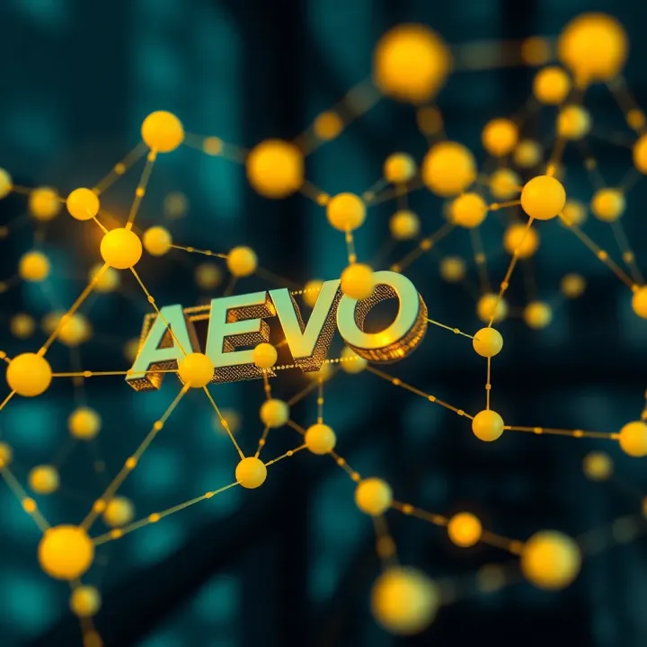 Digital representation of blockchain technology with interconnected nodes symbolizing Aevo Coin's network