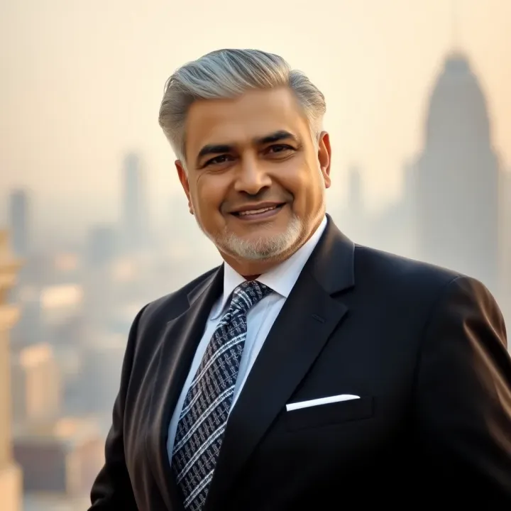 Portrait of Arif Naqvi in a formal suit with city skyline in background