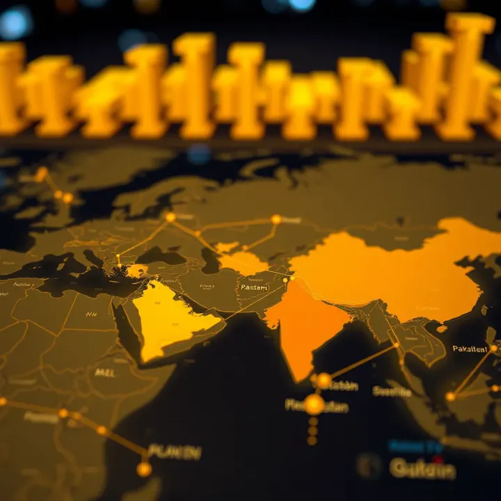 Geopolitical Factors Affecting Gold Market Outlook in Pakistan and Worldwide Map showing geopolitical hotspots impacting gold market dynamics with focus on Pakistan and global interactions