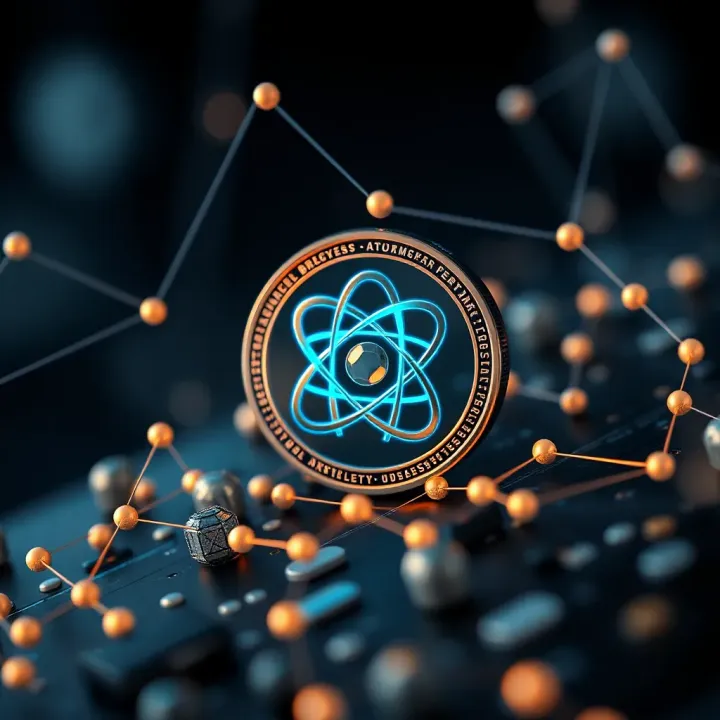 Overview of Atom Coin Blockchain Technology Illustration of blockchain technology with Atom coin symbol and digital network connections