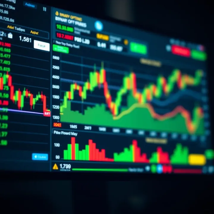 Digital interface showing binary options trading charts and statistics on screen