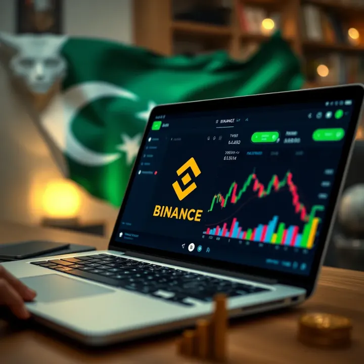 Illustration of cryptocurrency trading on a laptop with Binance logo and Pakistani flag in the background