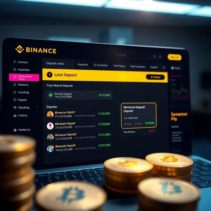 Diagram showing Binance platform interface with deposit options and minimum deposit highlighted