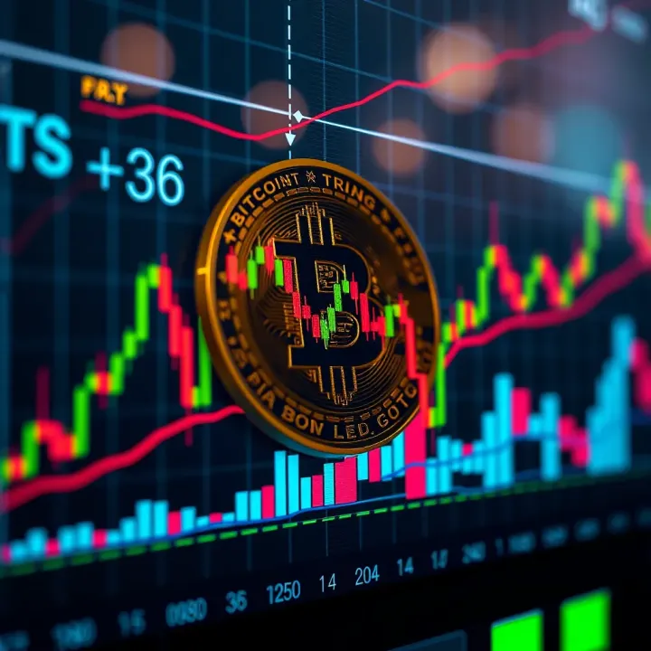 Graph showing fluctuating Bitcoin price trends with candlestick chart and technical indicators