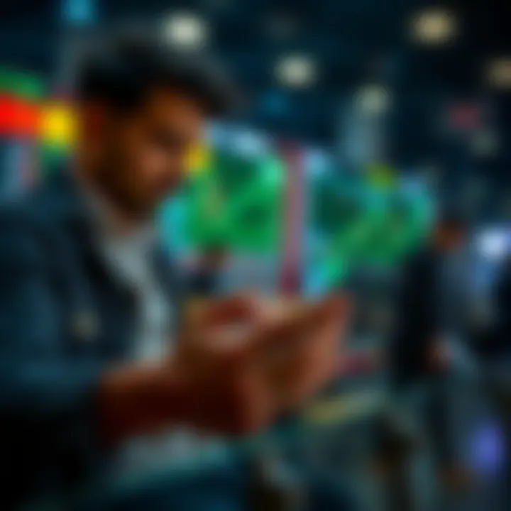 Illustration of a beginner learning trading using a mobile app with educational tools and practice features