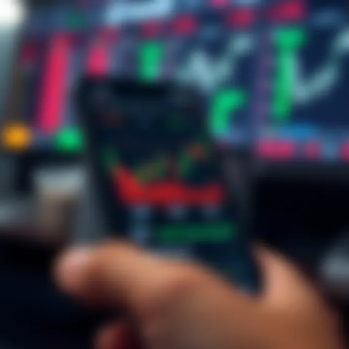 Mobile phone screen showing a user-friendly trading app interface with charts and real-time market data