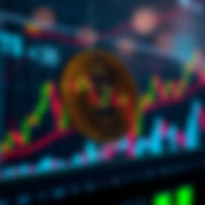 Graph showing fluctuating Bitcoin price trends with candlestick chart and technical indicators