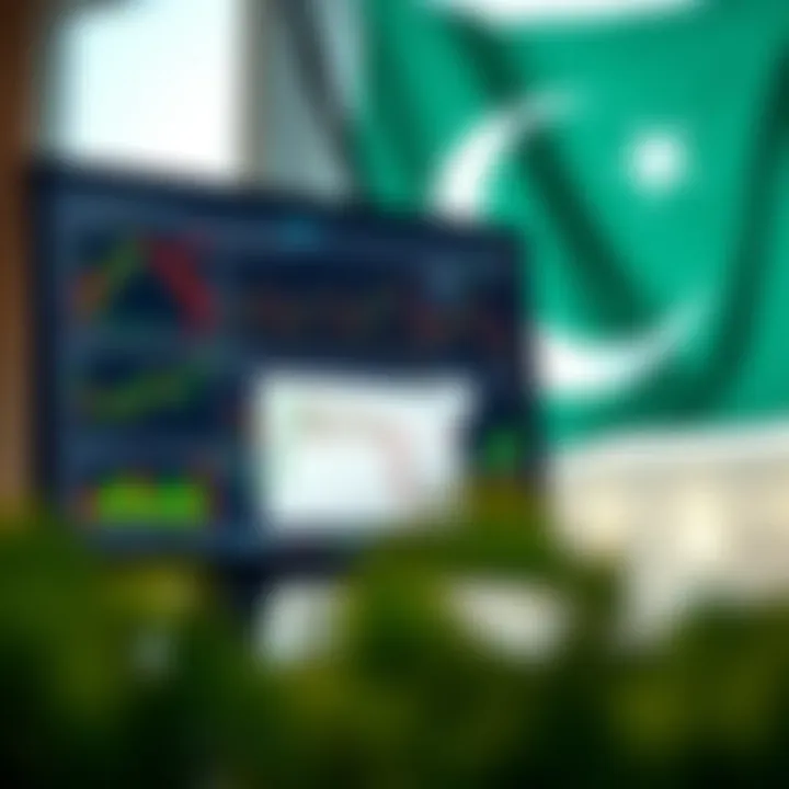 A computer screen displaying various forex charts and trading platforms with Pakistani flag in the background