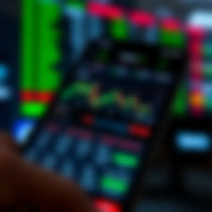 User interface of a mobile trading app showing stock charts and market data