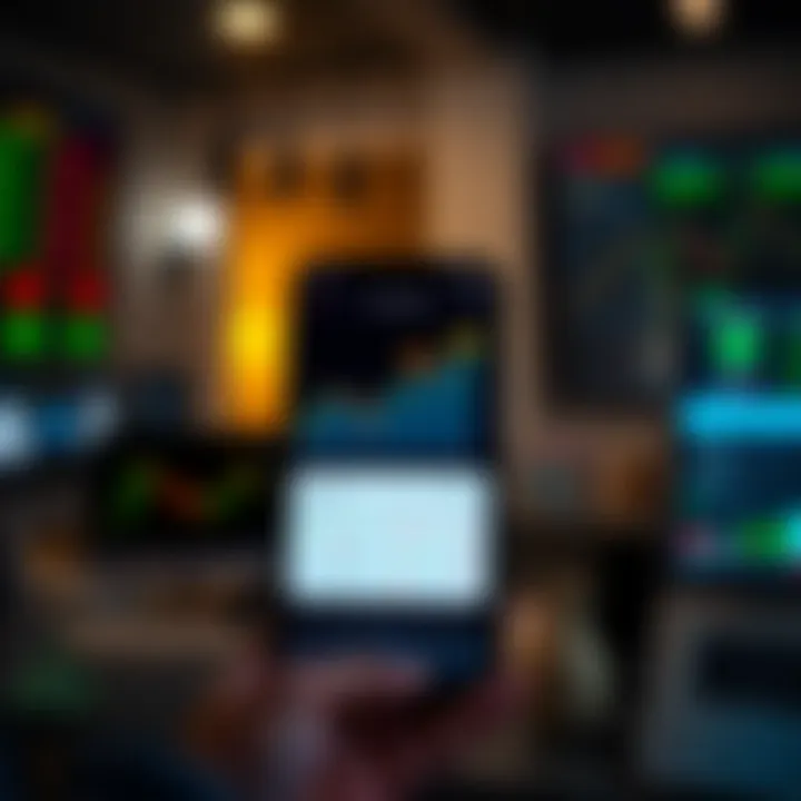 User interface showing various trading app features such as charts, market data, and portfolio overview