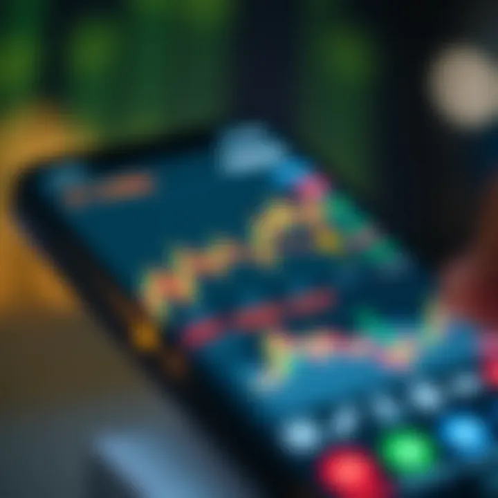 User interface showing stock trading charts and market indicators on a smartphone app