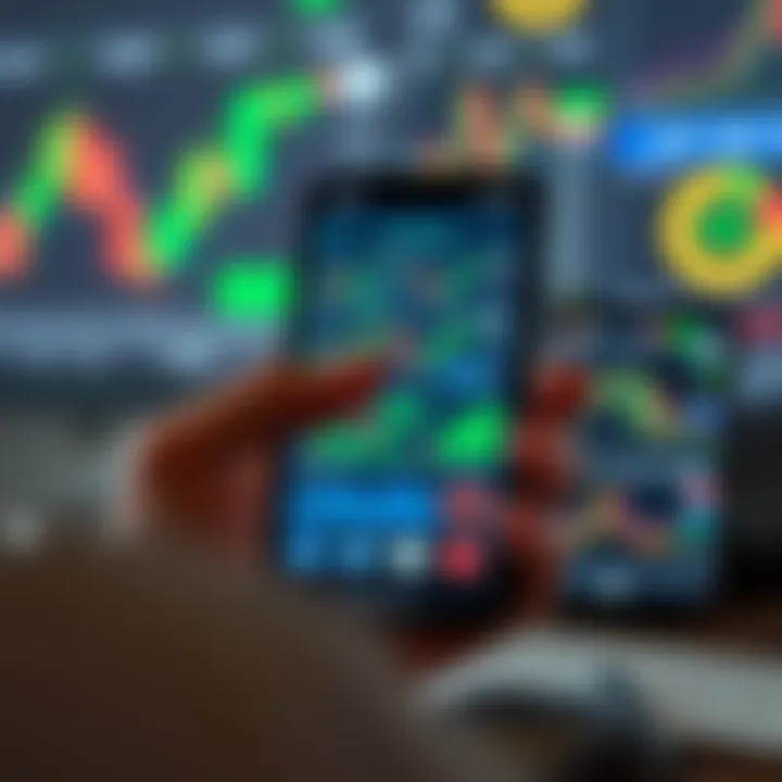 Smartphone displaying various financial charts and stock market data with trading icons around it