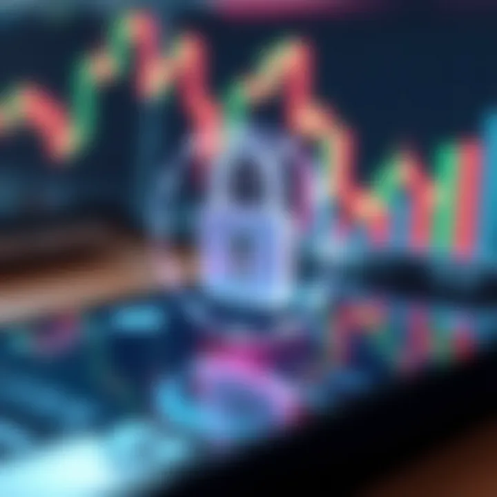 Secure digital lock symbol overlaid on a mobile device with financial graphs in the background