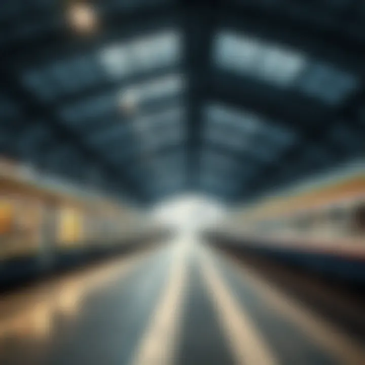 Modern railway station platform with electric trains and spacious waiting areas