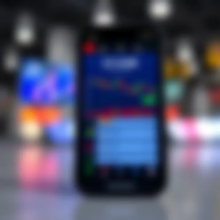 User interface displaying various trading options and financial charts on a smartphone screen