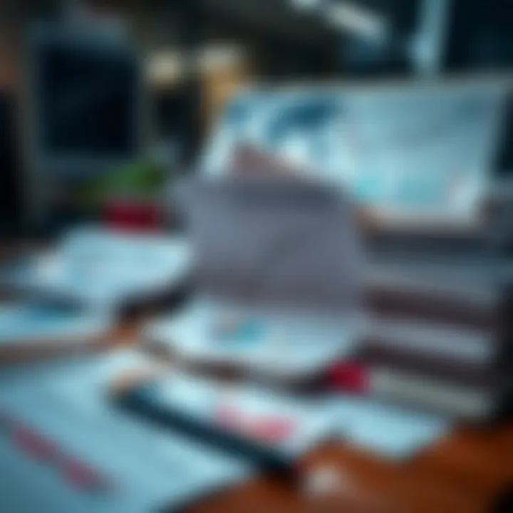 Collection of diverse trading documents and charts arranged on a desk