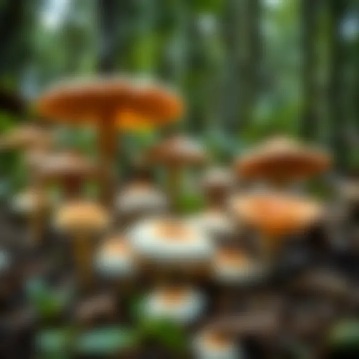 Diverse wild mushroom species growing naturally in a forested area of Pakistan