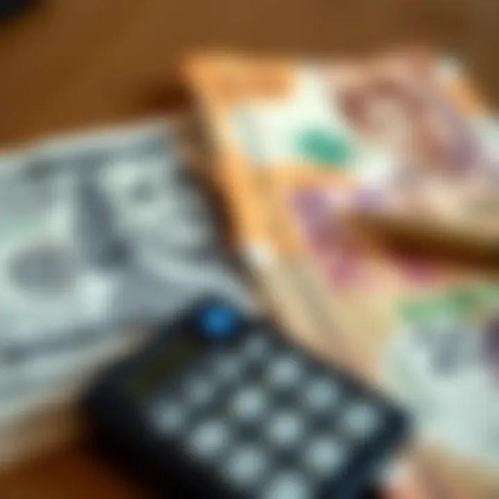 Calculating Currency Conversion Between US Dollar and Pakistani Rupee Close-up of US dollar banknotes and Pakistani rupee notes side by side with calculator