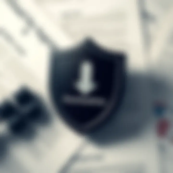 DownloadHub.com Legal Considerations and Safety Measures Shield symbol representing legal protection and digital safety with a background of legal documents