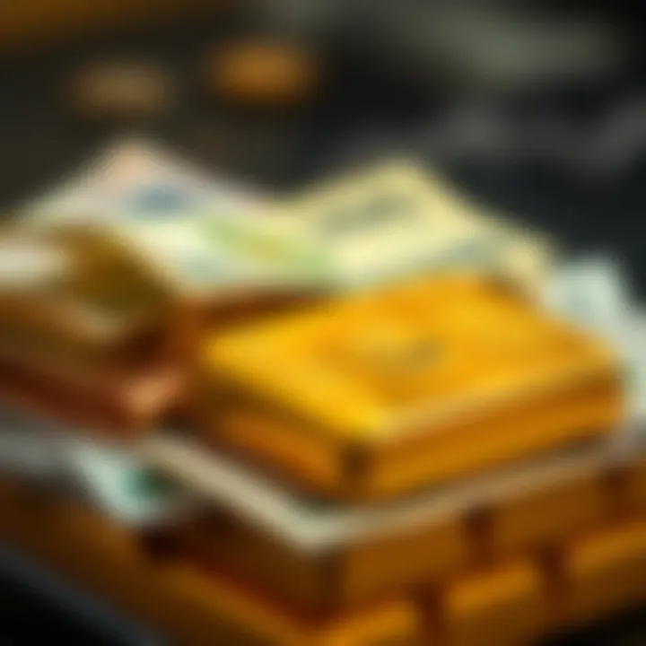 Close-up of gold bars stacked with currency notes symbolizing investment and economic factors