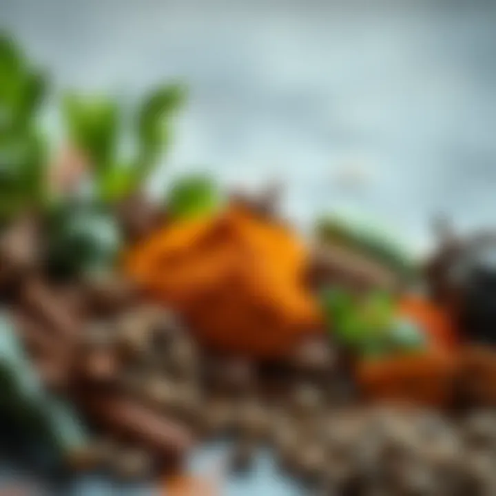 Close-up of aromatic spices and fresh ingredients commonly used in Kashmiri recipes