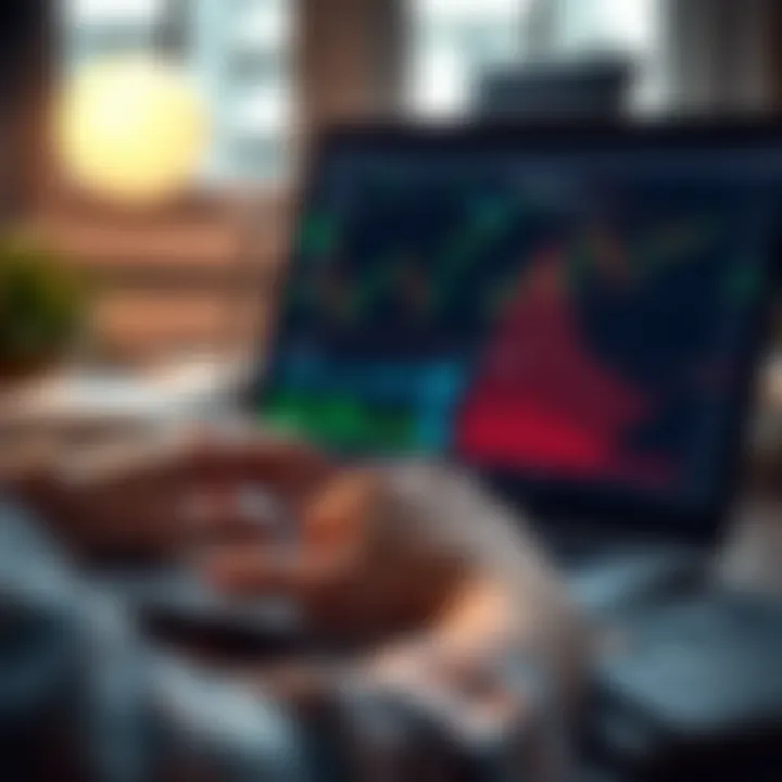 Digital Learning with Trading PDFs and Market Analysis Person using a laptop with digital trading graphs and PDF documents on screen