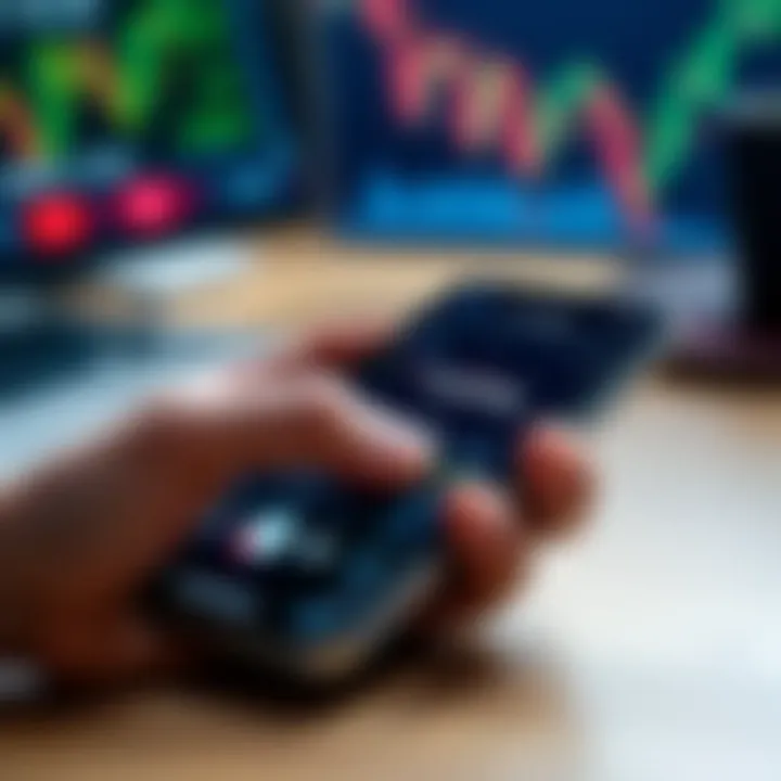 Mobile device showcasing a trading application with risk management features