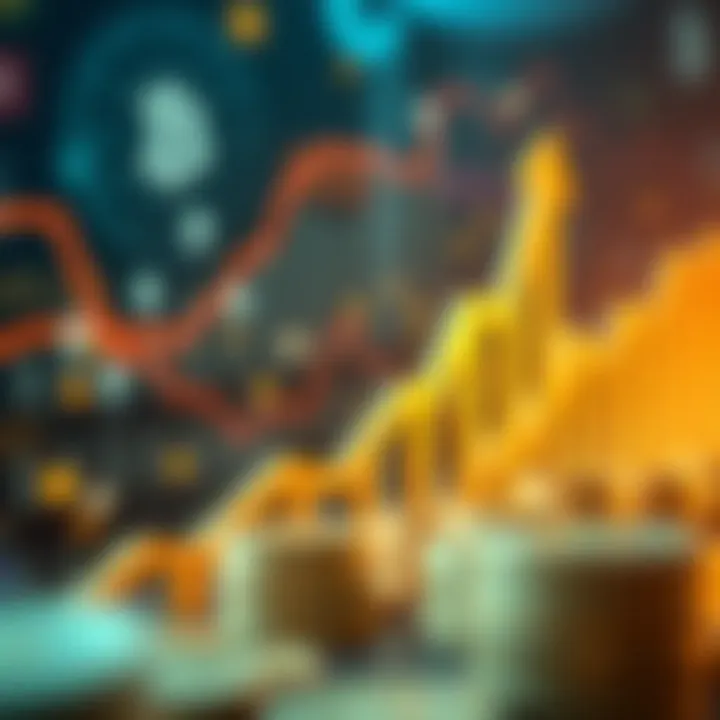 Conceptual illustration of financial growth with upward trending arrows and digital currency symbols