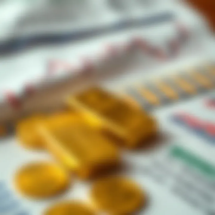 Close-up of gold coins and bars placed beside economic reports and financial graphs