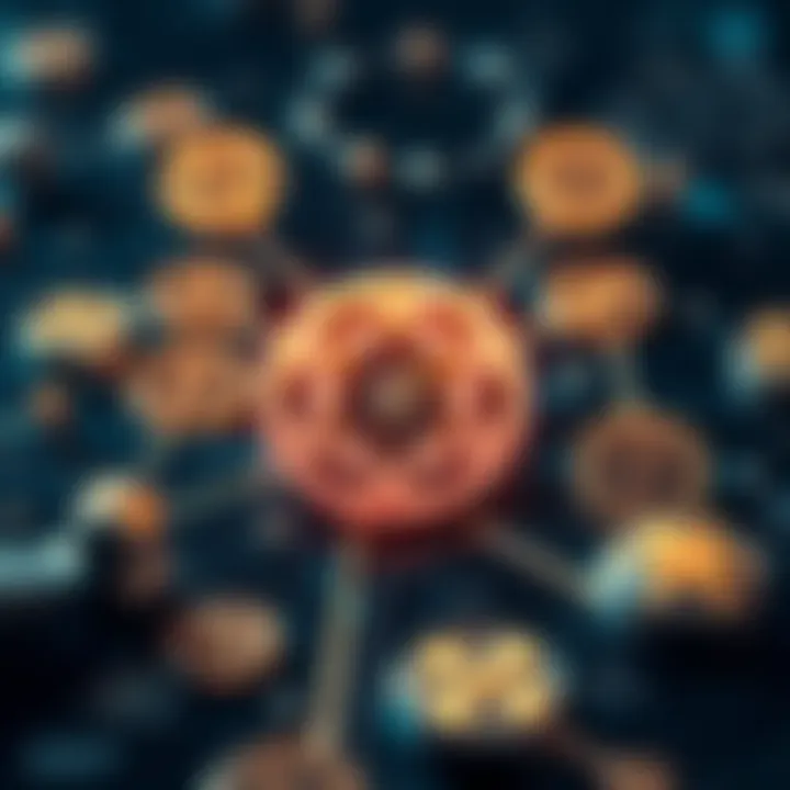 Technological Foundations of The Graph Token Illustration of blockchain technology elements connected with cryptocurrency icons representing The Graph ecosystem