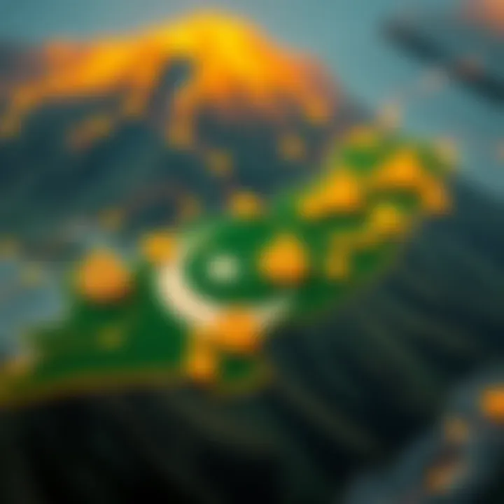 Digital currency symbols overlaying a map of Pakistan highlighting cryptocurrency adoption