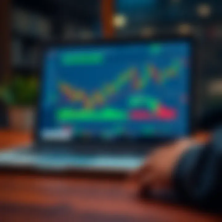 Laptop displaying forex trading platform interface with graphs and market data
