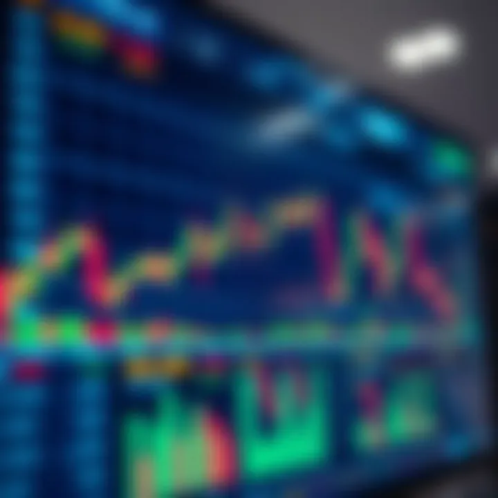 Digital screen displaying fluctuating stock market charts and graphs
