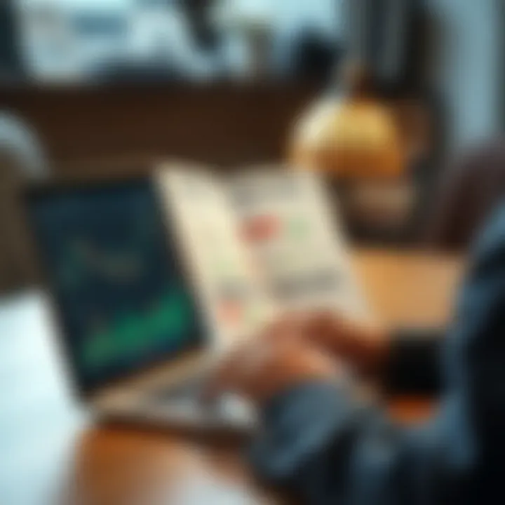 Person analyzing financial data on a laptop with multiple trading PDFs open