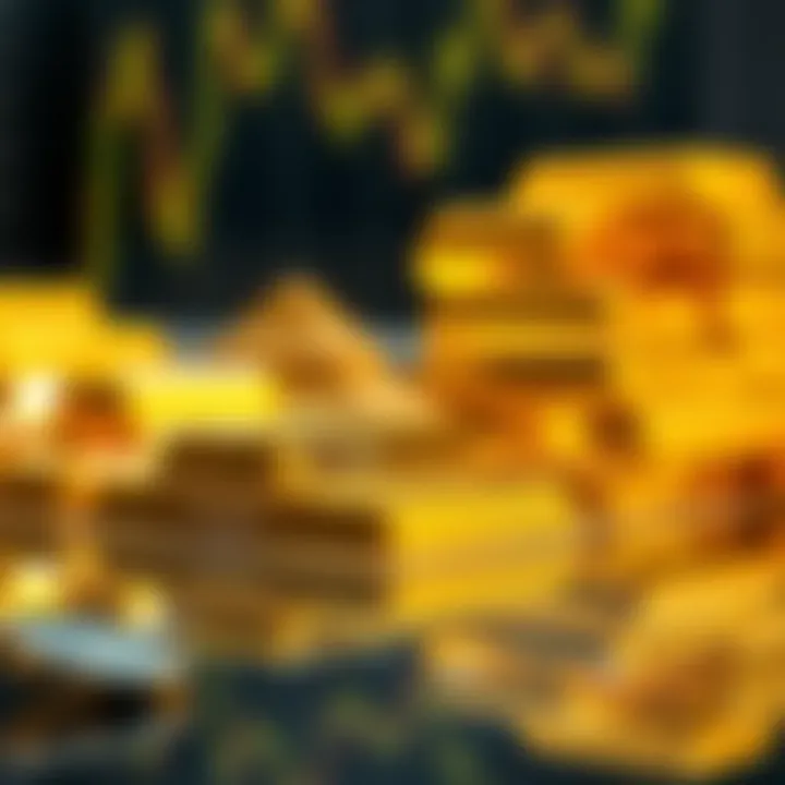 Close-up view of gold bars stacked on a reflective surface symbolizing wealth and investment