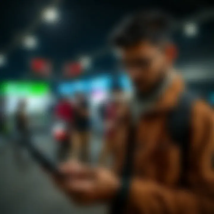 Traveler using a currency calculator to determine the current value of US dollars in Pakistani rupees