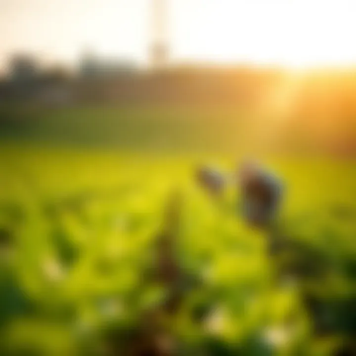 Lush green fields with farmers tending to crops under a clear sky symbolizing agricultural growth in Pakistan