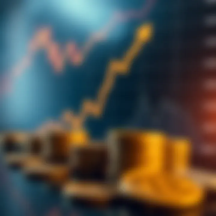 Digital representation of cryptocurrency coins and upward market graph