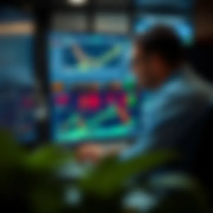Trader Analyzing Charts in a Demo Trading Environment Illustration of a trader analyzing charts on multiple screens in a demo environment
