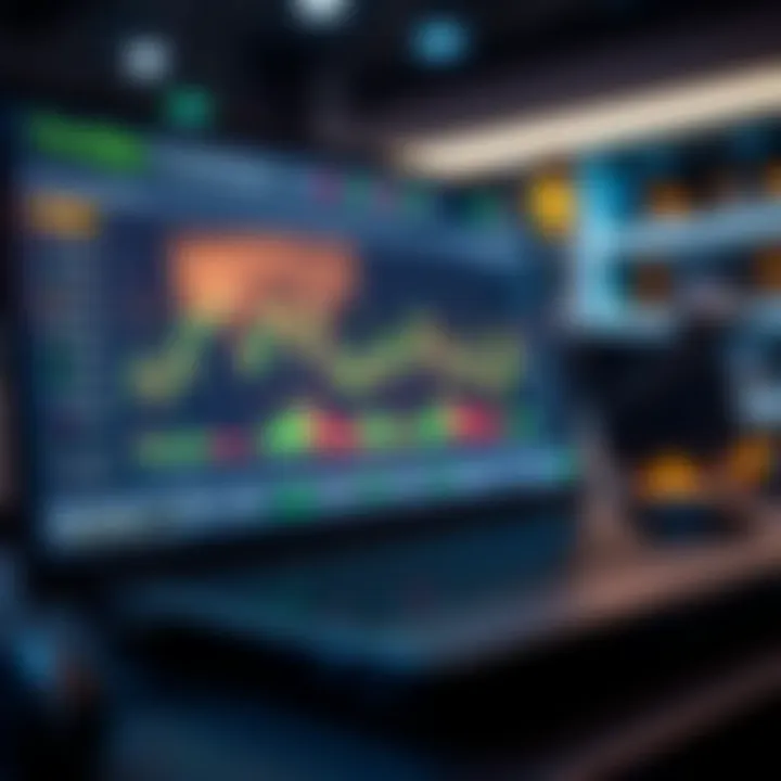 Illustration of a digital trading platform showing virtual currency charts and simulated trading options