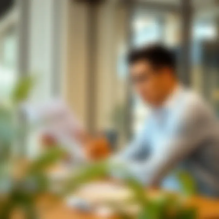 Small business owner reviewing financial documents while discussing funding options with a consultant in an office setting