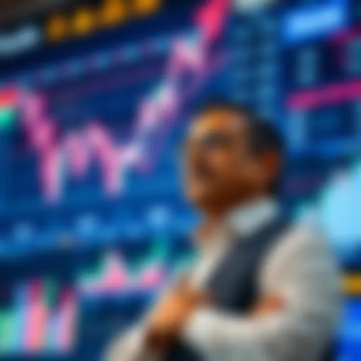 Business leader standing in front of a digital screen displaying economic data and charts