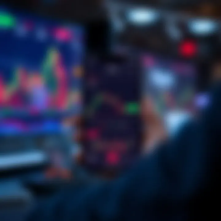 Mobile device displaying a trading app interface with charts and market data