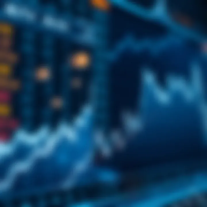 Graph showing upward and downward trends in financial markets with currency symbols