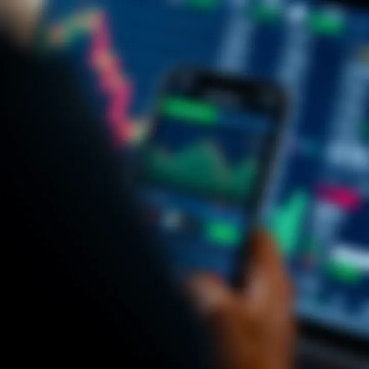 Mobile phone screen showing a trading app interface with various charts and stock options