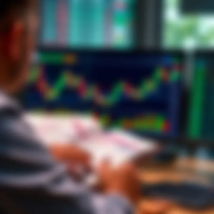 Trader analyzing trading charts with open trading guide book on screen