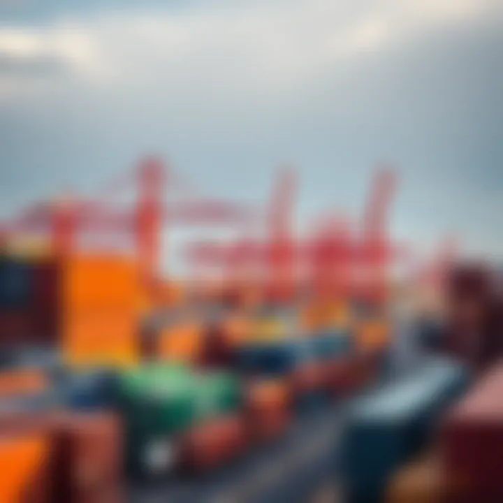 Modern industrial complex with shipping containers and cranes at a bustling port, representing global trade and commerce