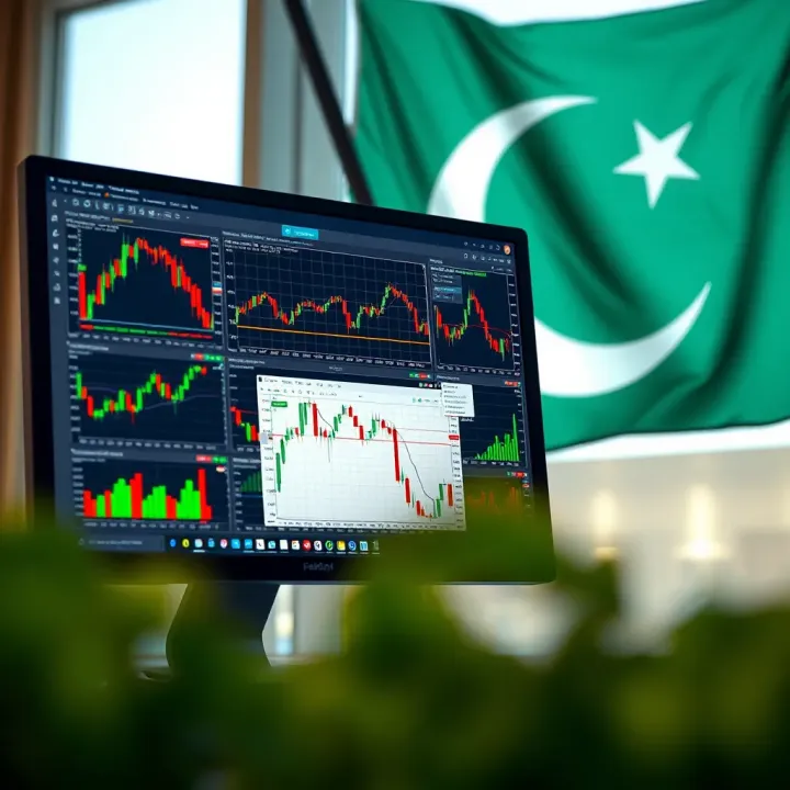 A computer screen displaying various forex charts and trading platforms with Pakistani flag in the background