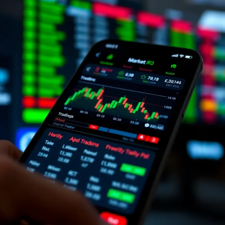 User interface of a mobile trading app showing stock charts and market data