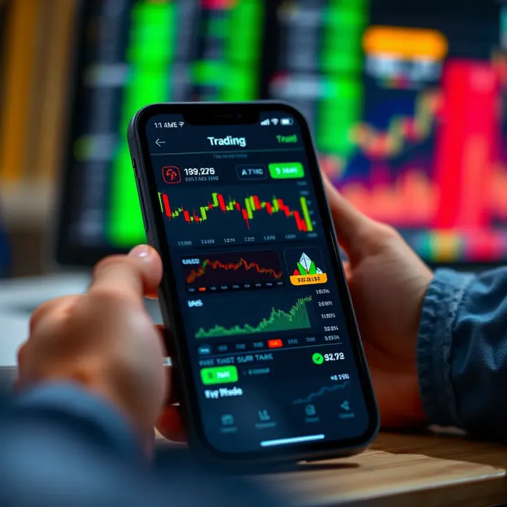 Mobile device displaying various trading app interfaces with charts and market data
